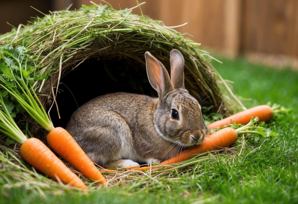 A rabbit snuggles in a cozy, grassy burrow, surrounded by carrots and hay