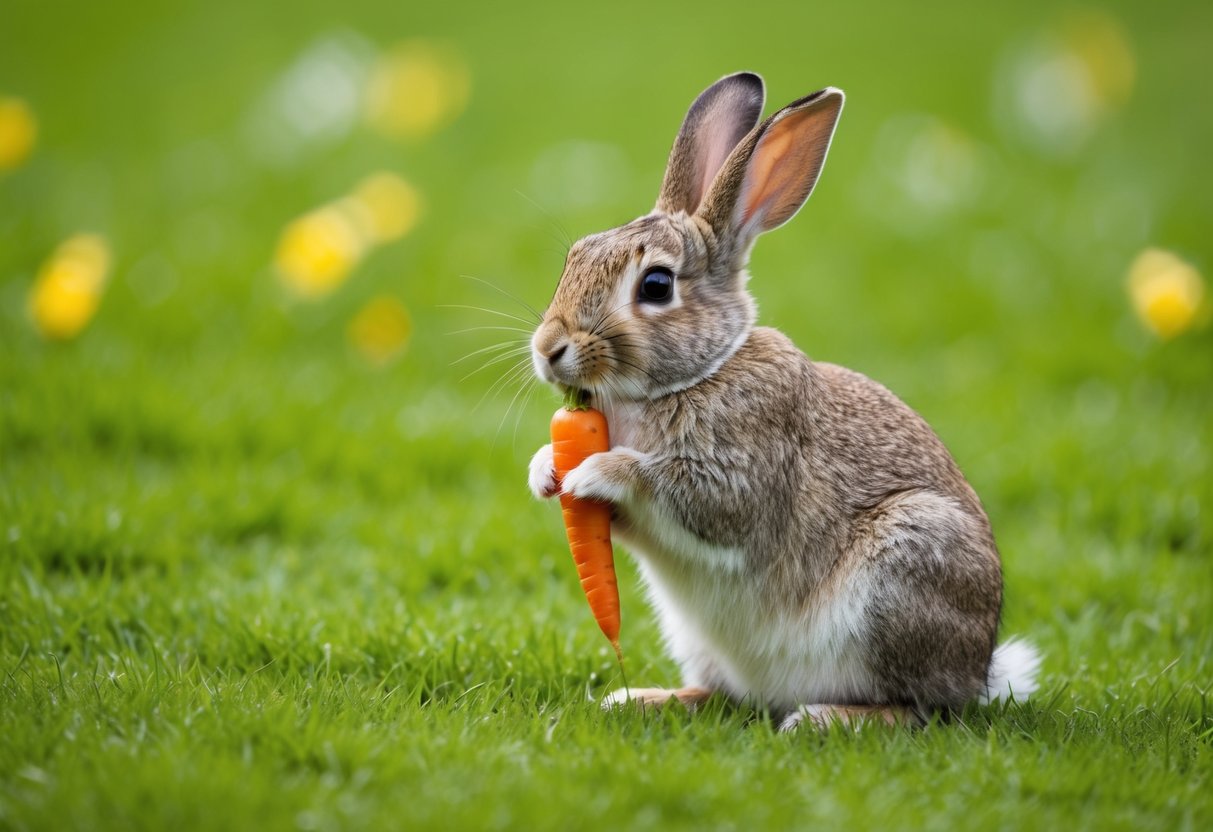 A rabbit sitting in a lush green field, nibbling on a carrot