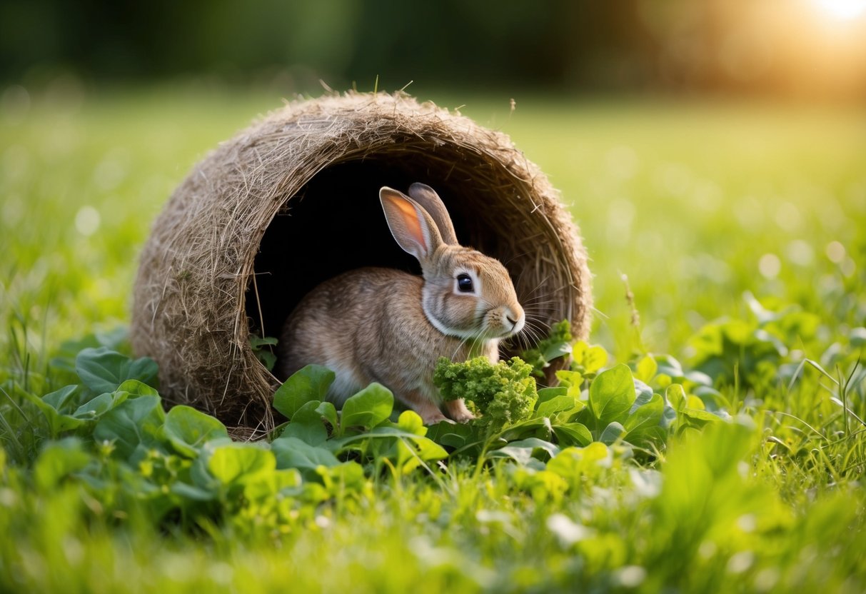 A cozy burrow nestled in a lush meadow, with a rabbit happily munching on fresh greens and enjoying the warmth of the sun