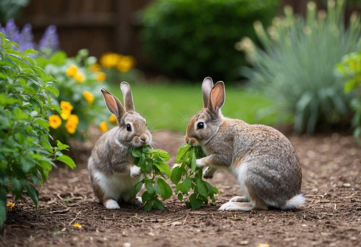 Rabbits eating toxic plants in a garden