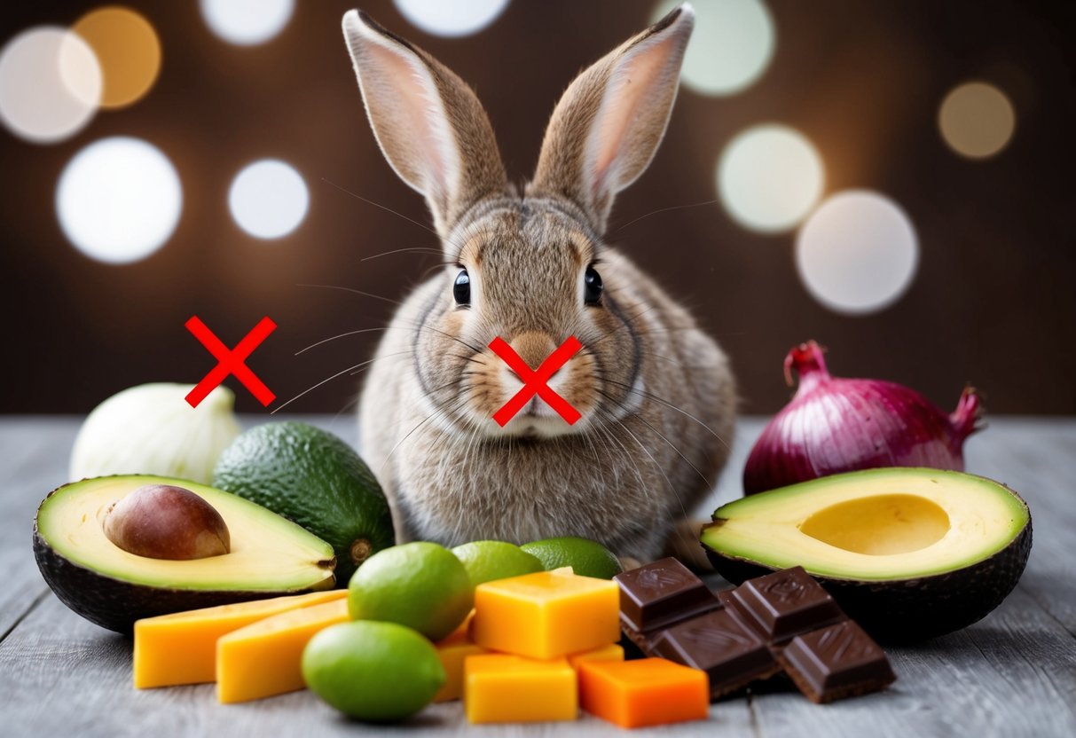 A rabbit surrounded by a variety of foods, with a red "X" over items they should avoid, such as chocolate, avocado, and onions