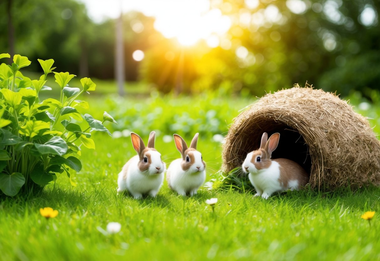 A sunny meadow with a cozy burrow and a lush garden, where bunnies play and nibble on fresh greens