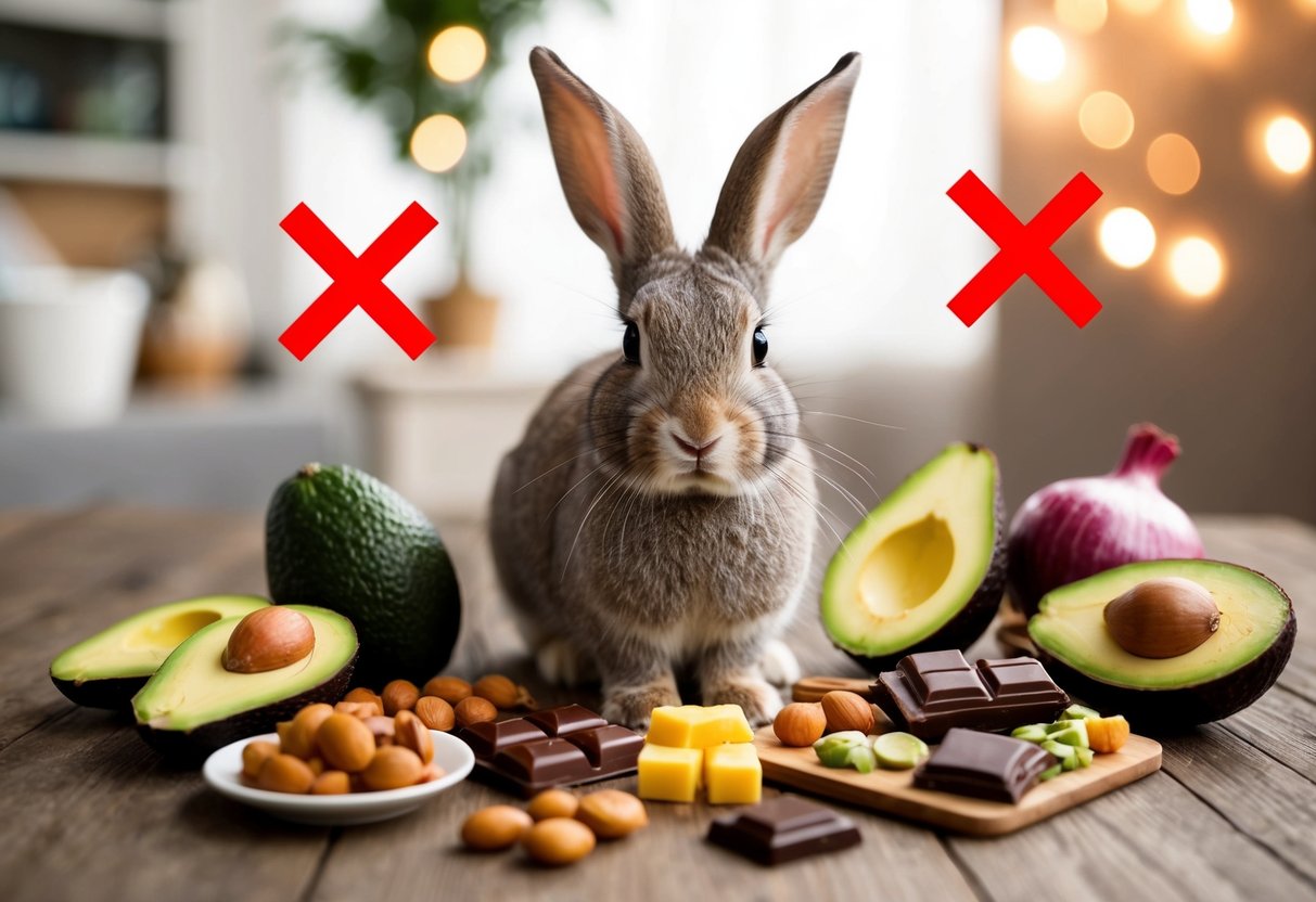 A rabbit surrounded by a variety of foods, with a red "X" over harmful items like chocolate, avocado, and onions