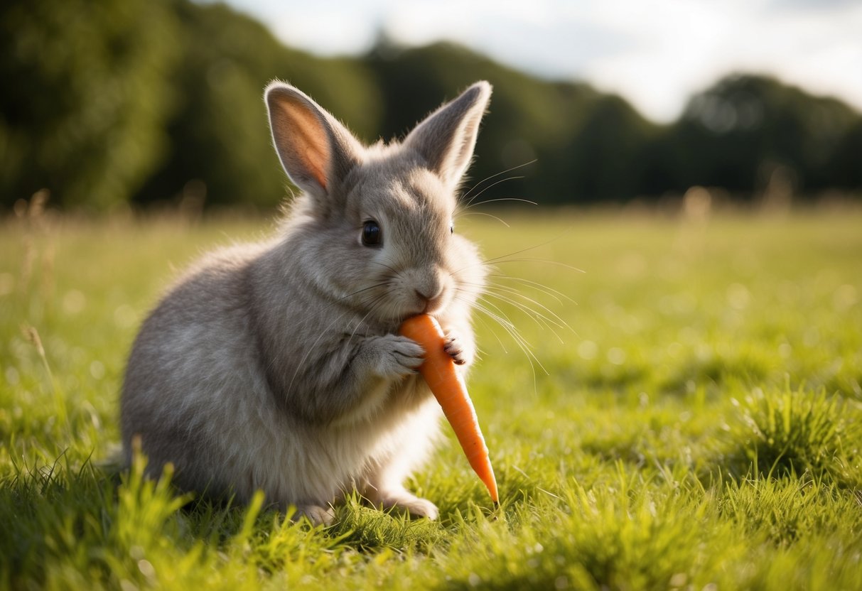 A fluffy, long-eared animal nibbles on a carrot in a grassy meadow