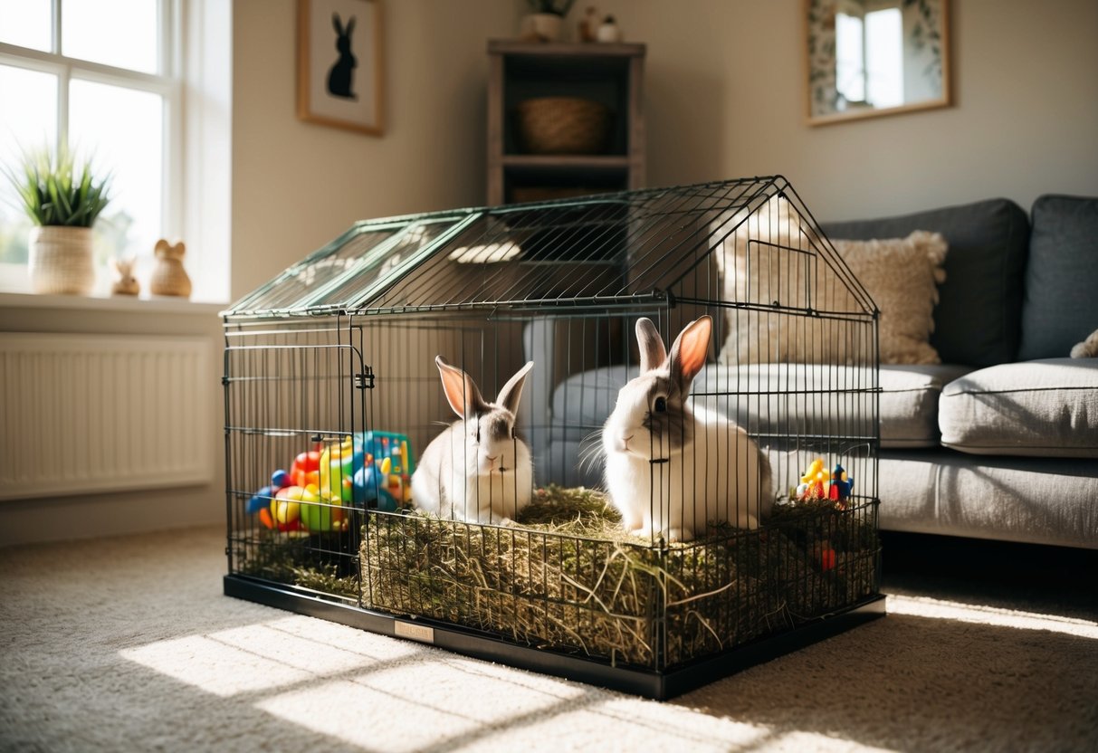 A cozy living room with a large indoor rabbit hutch, filled with toys and fresh hay. Sunlight streams in through the window, casting a warm glow on the contented bunny
