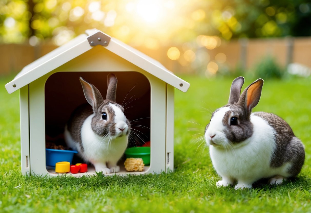 Two rabbits, one inside a cozy hutch with toys and food, the other outside in a spacious, grassy enclosure with sunshine and fresh air