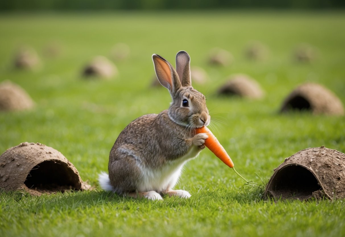 A rabbit sitting in a grassy field, surrounded by burrows and nibbling on a carrot