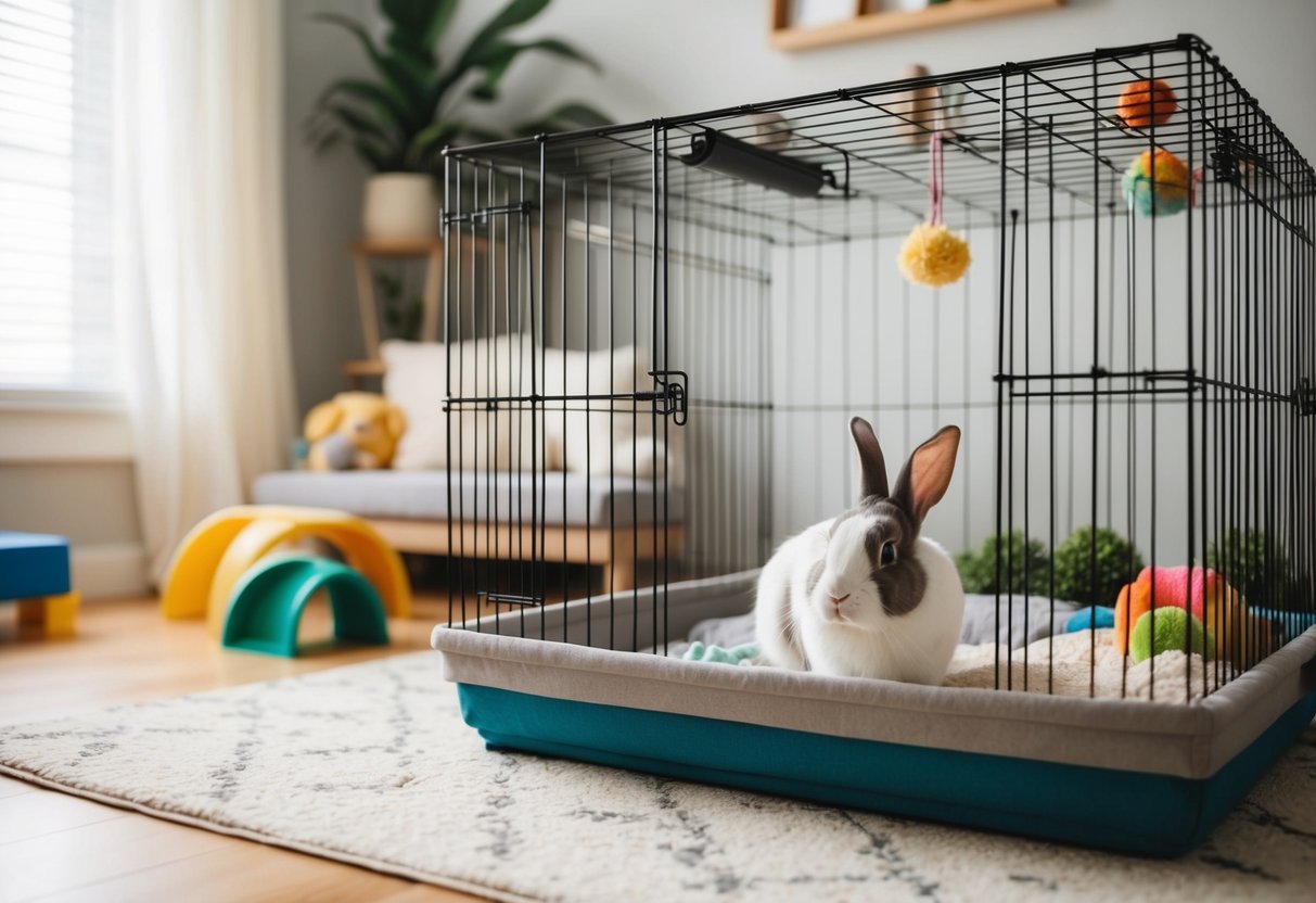 A cozy indoor bunny habitat with a spacious cage, soft bedding, toys, and a designated area for exercise and exploration