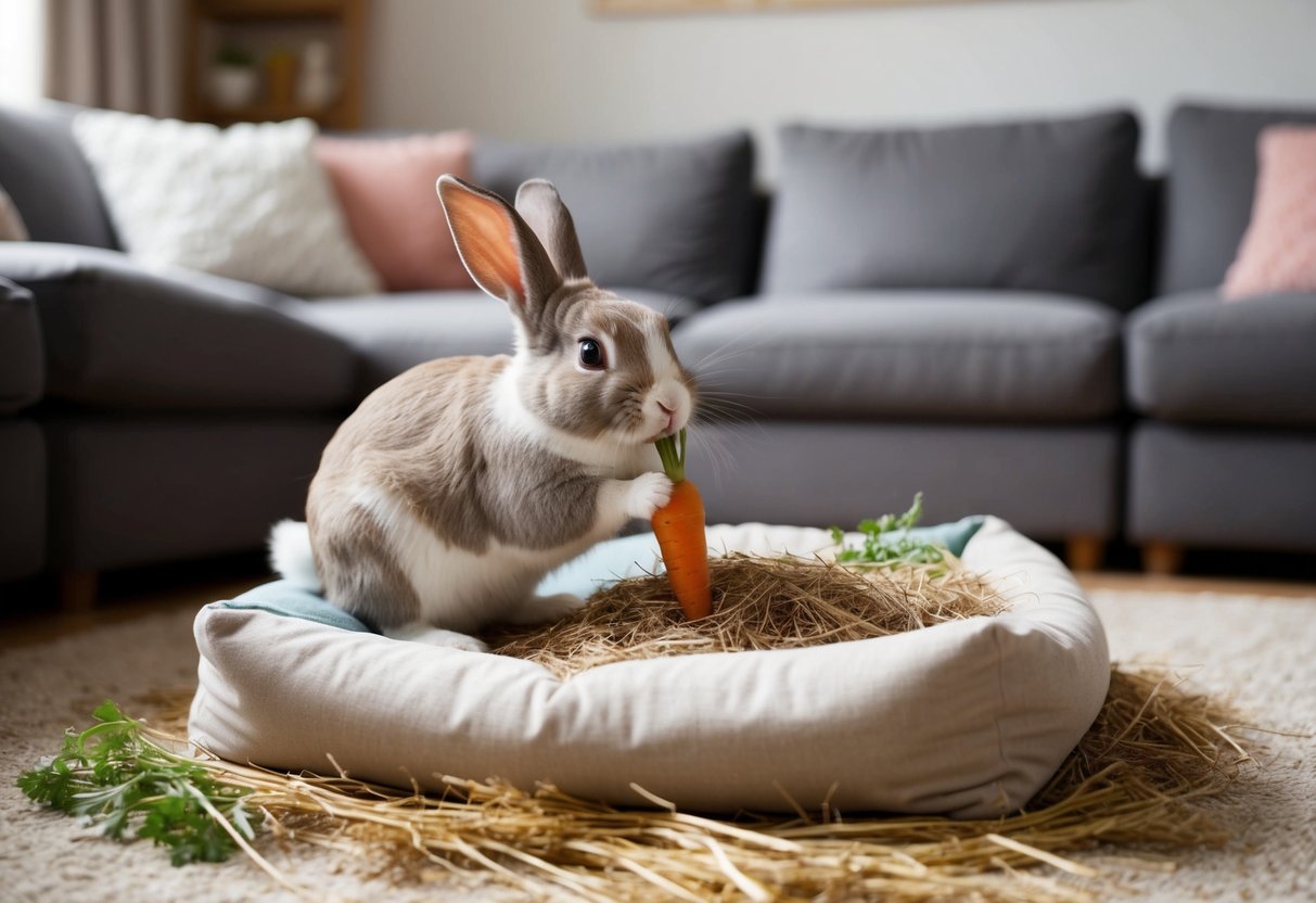 A cozy living room with a playful bunny hopping around, nibbling on a carrot and snuggled up in a soft bed of hay