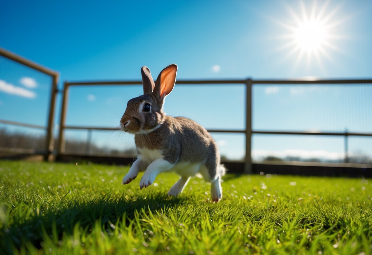 A rabbit hops freely in a spacious, grassy enclosure, with a clear blue sky overhead and the sun shining down