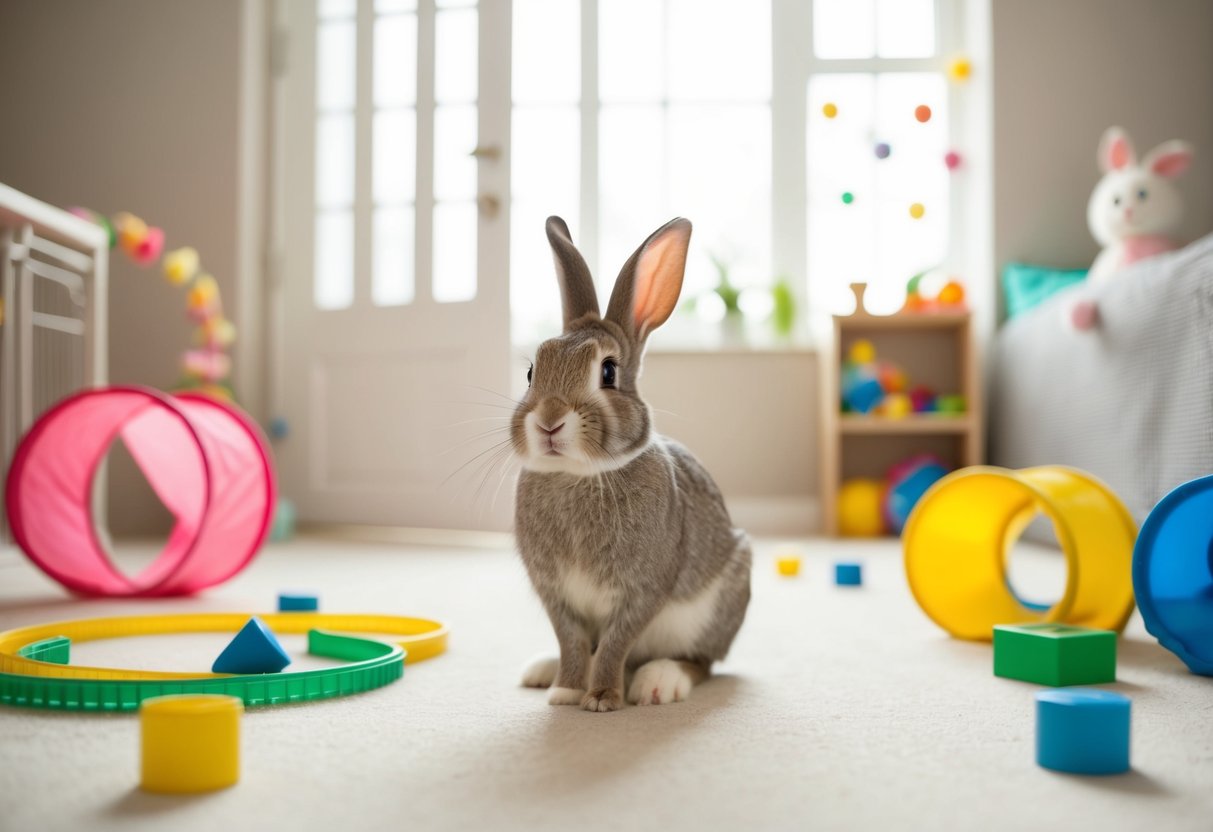 A rabbit sitting in a spacious, bunny-proofed room with toys and tunnels, with its cage door open