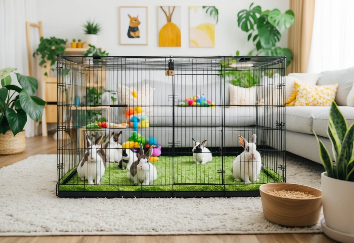 A cozy living room with a spacious cage, toys, and a feeding area for bunnies. The room is bright and filled with green plants, creating a safe environment for the pets