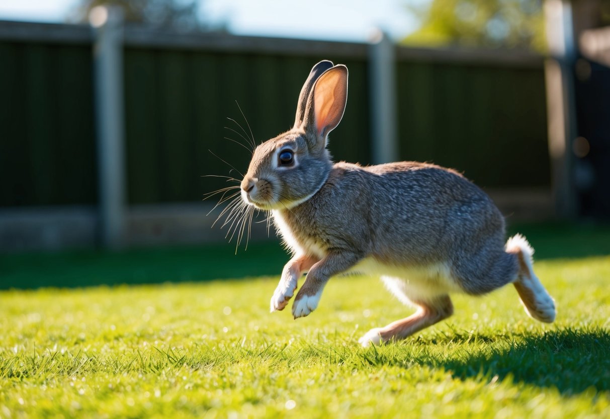 A rabbit hopping freely in a green, fenced backyard, with the sun shining and a clear blue sky