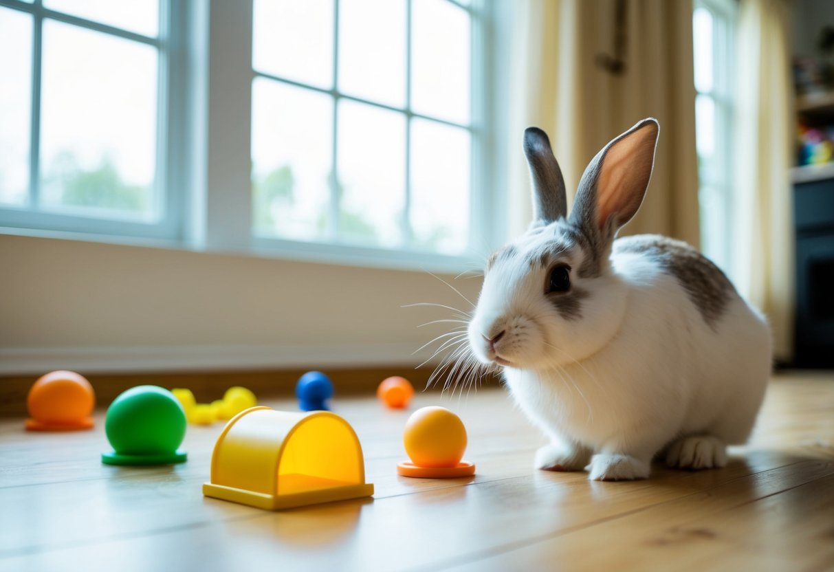 A rabbit exploring a spacious, bunny-proofed room with toys and hiding spots, with natural light streaming in through a large window