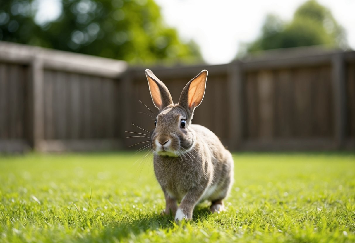 A rabbit in a spacious, grassy outdoor enclosure, hopping and exploring freely