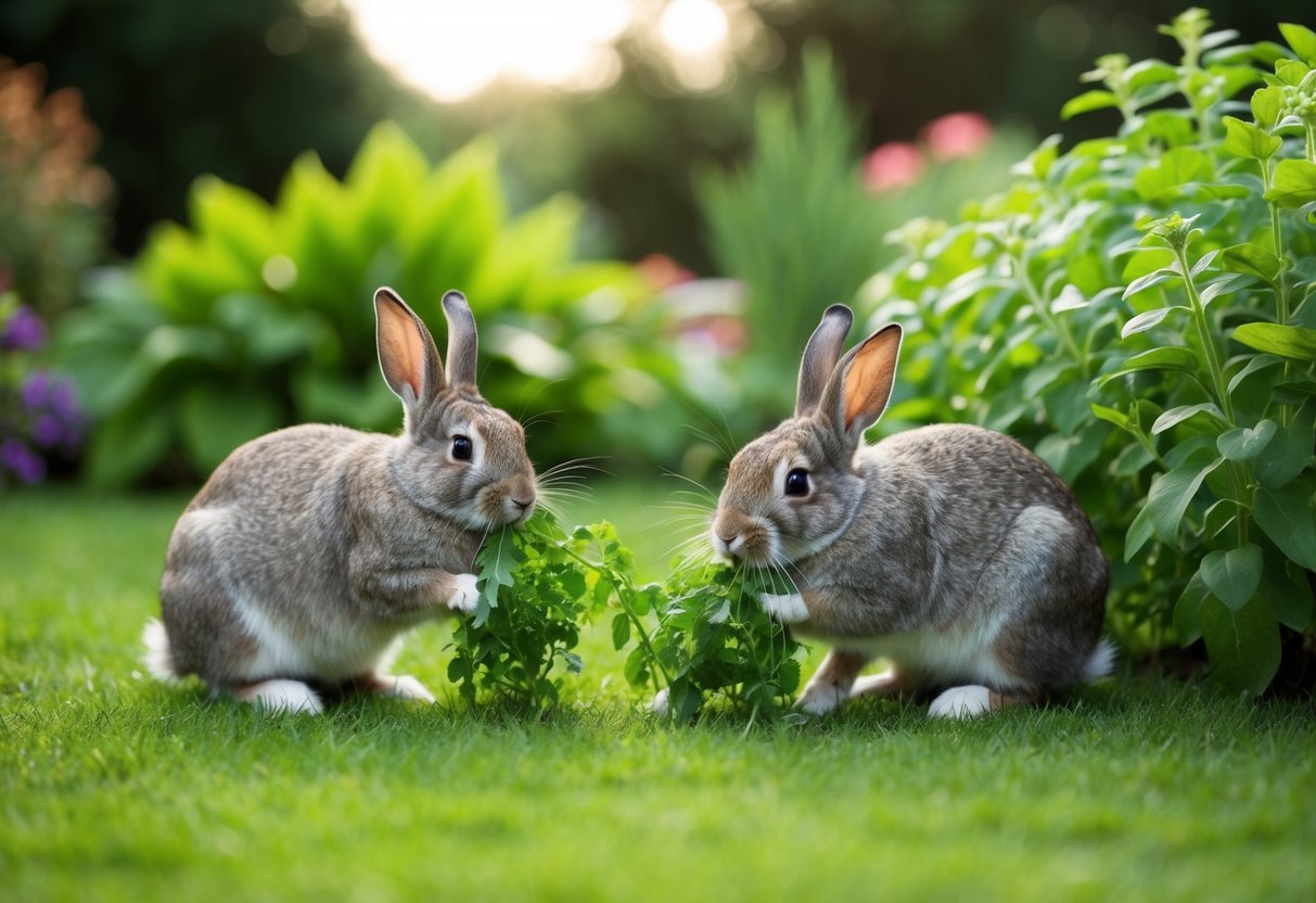 Rabbits eating toxic plants in a garden