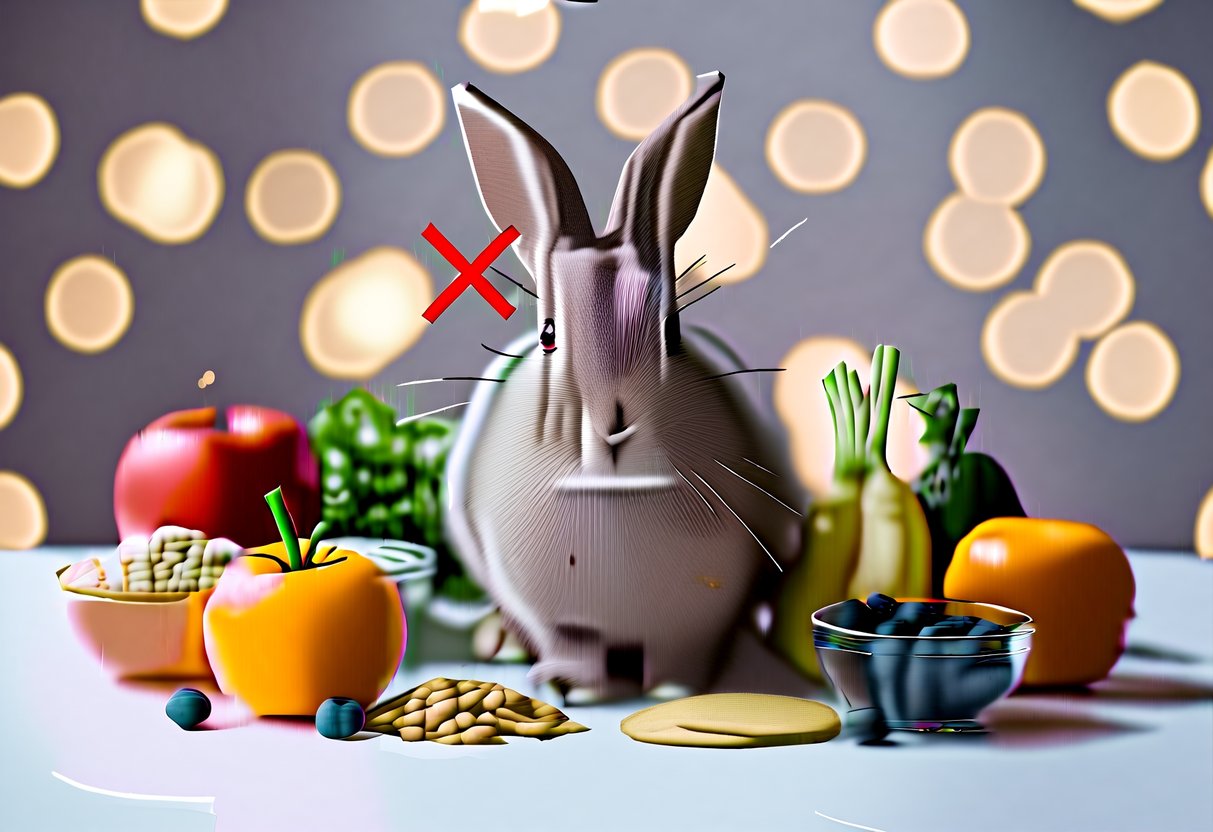 A rabbit surrounded by various unsafe foods, with a crossed-out symbol over them