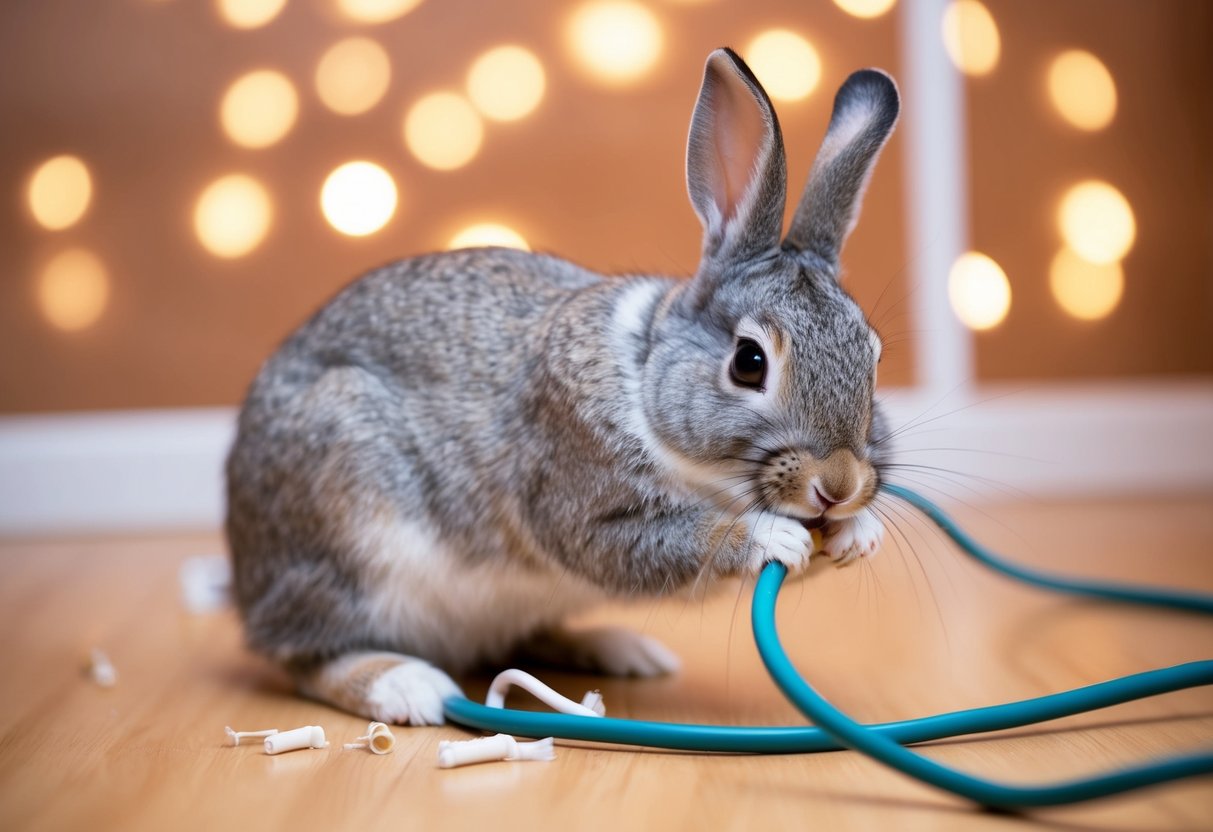 A rabbit chewing on electrical cords, causing a mess and potential danger