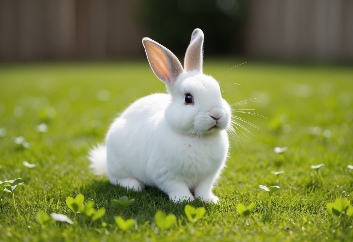 A fluffy white bunny hops around a spacious, grassy yard, nibbling on fresh green clover and twitching its nose in contentment