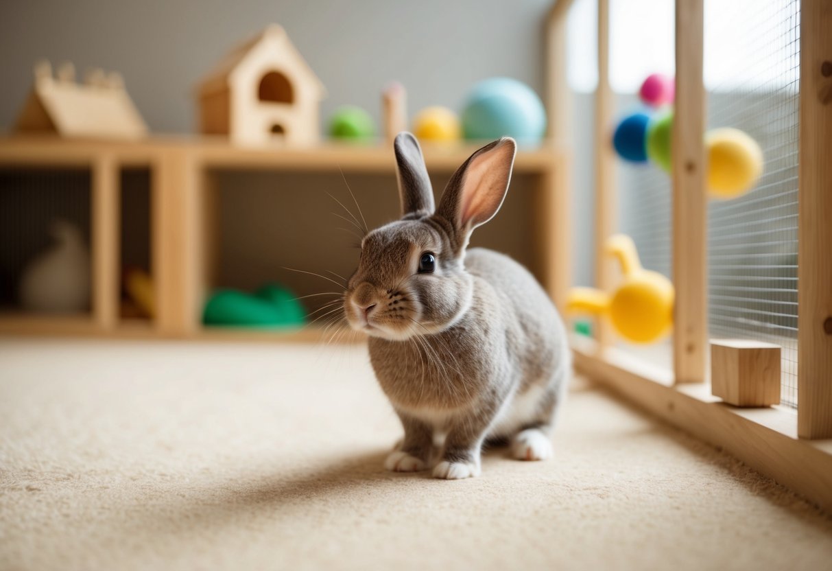 A rabbit peacefully hopping around a spacious, well-furnished indoor enclosure with toys and hiding spots