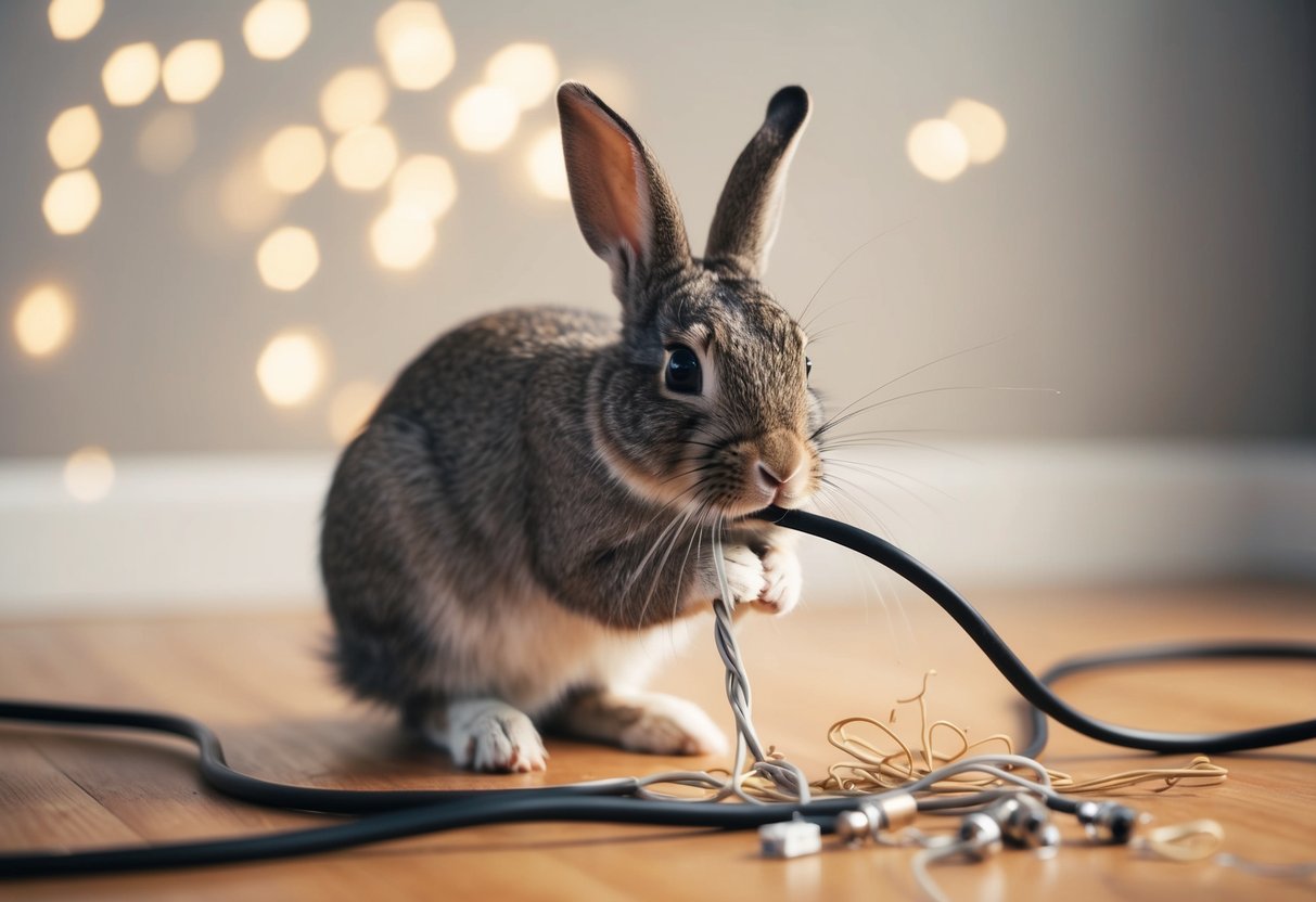 A rabbit chewing through electrical cords, causing a mess and potential danger