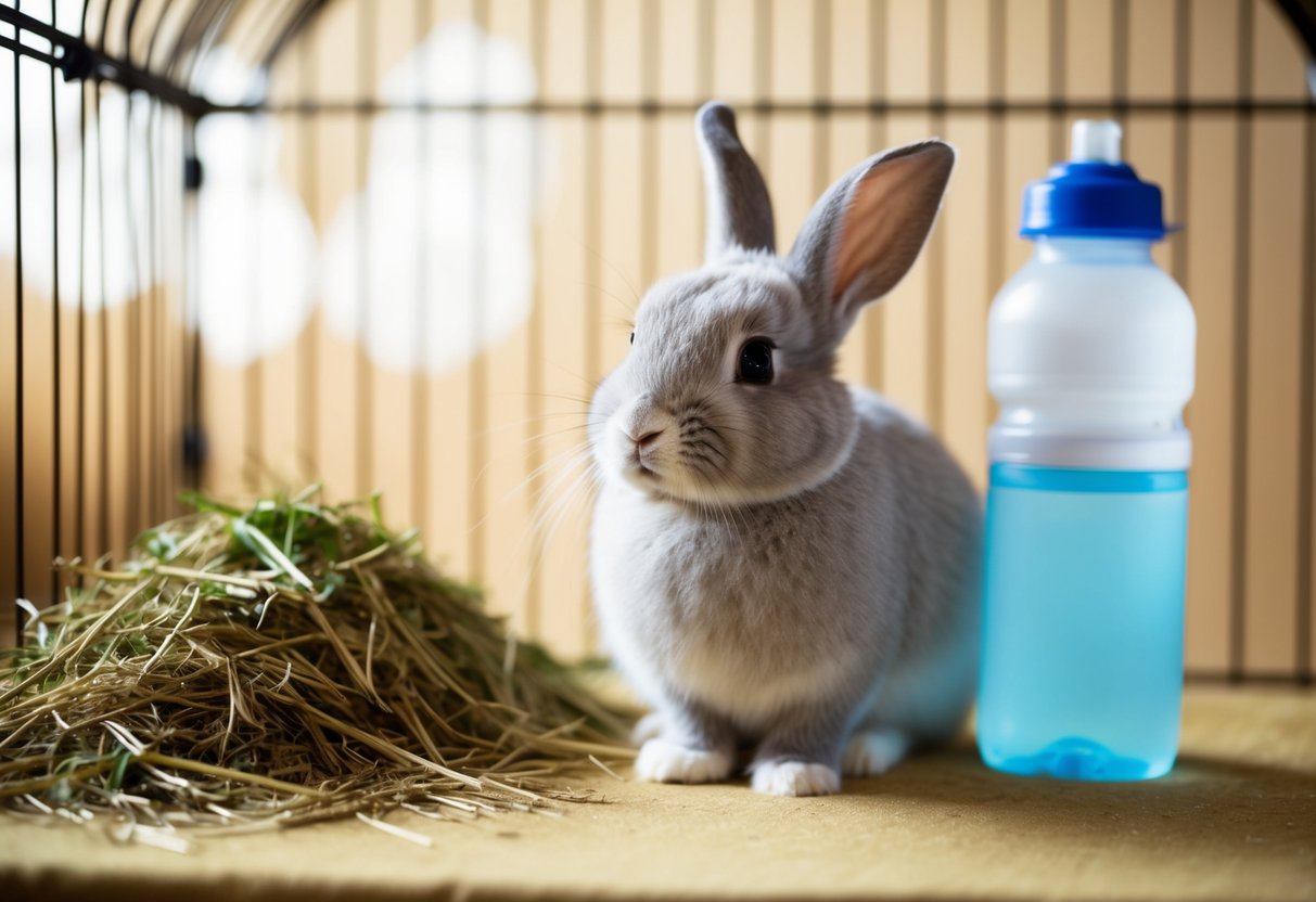 A fluffy rabbit sitting calmly in a cozy cage with a water bottle and a pile of hay