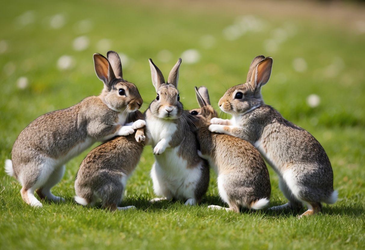 A group of rabbits socializing in a grassy field, some grooming each other while others playfully hop around