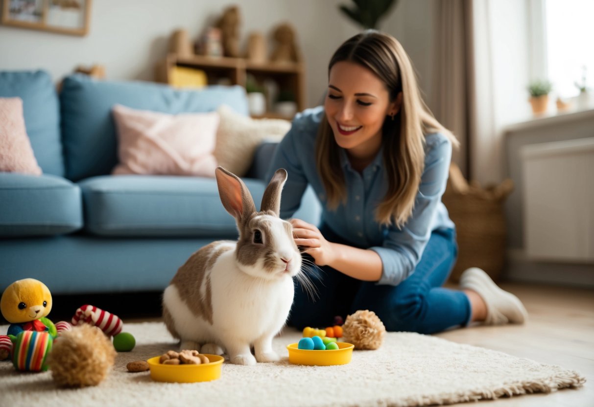 A rabbit sits in a cozy living room, surrounded by toys and treats. Its owner kneels nearby, smiling and gently petting the rabbit's soft fur