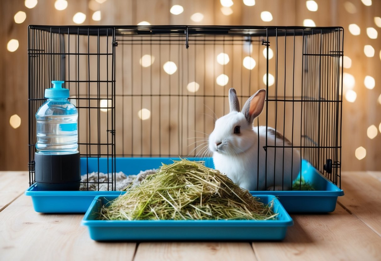 A rabbit's cage with a removable tray containing soiled bedding, a water bottle, and a pile of fresh hay