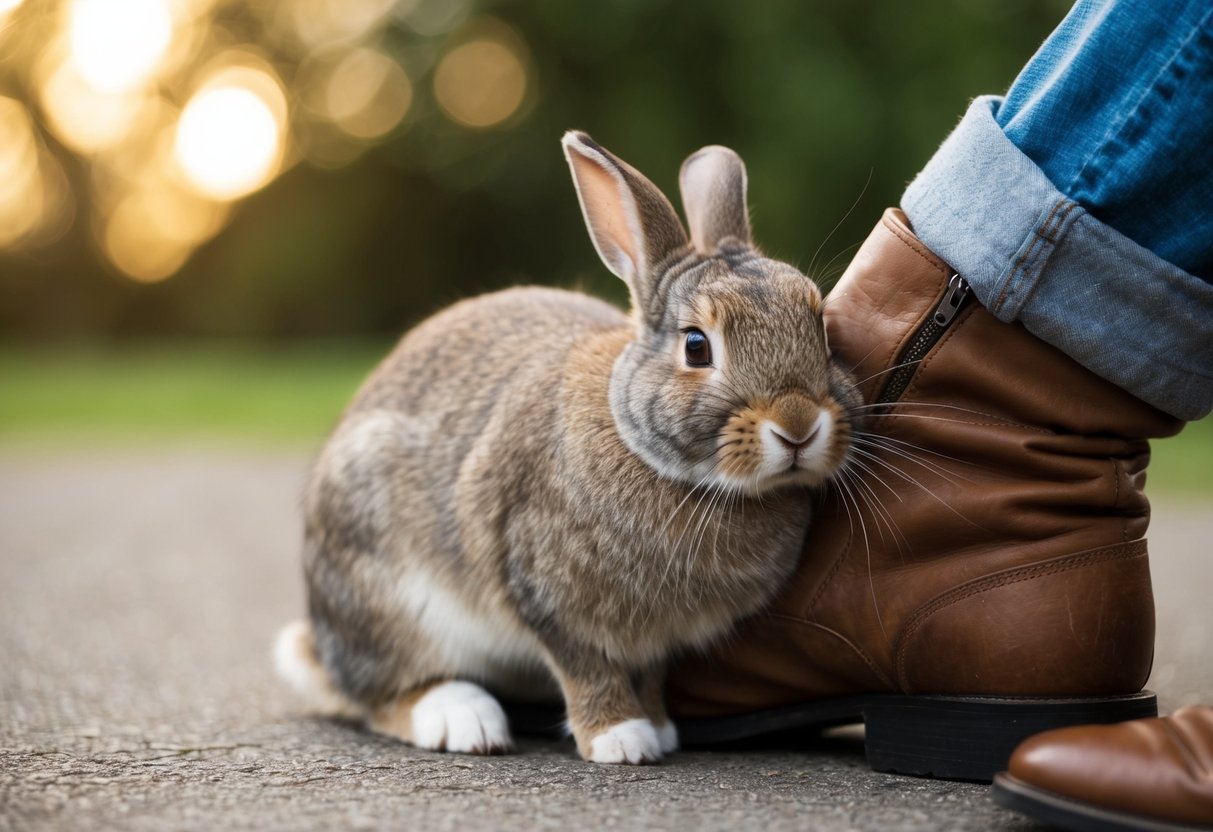 A rabbit snuggles against its owner's leg, nuzzling for attention and affection