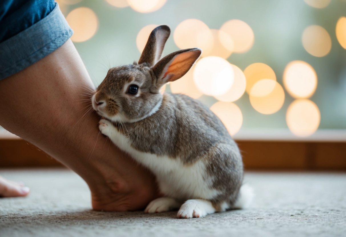 A rabbit nuzzles against its owner's leg, seeking comfort and affection