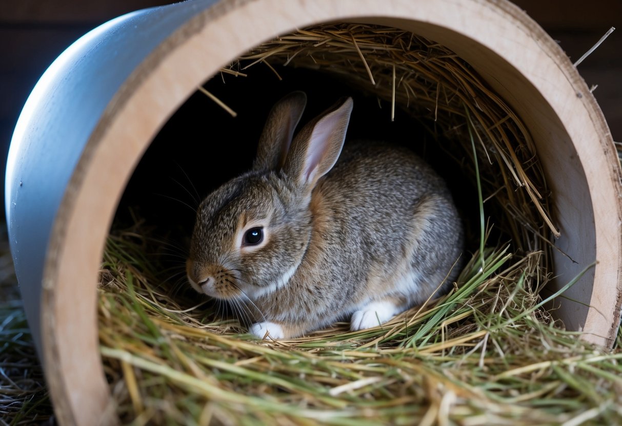 A rabbit sits in its cozy burrow, surrounded by soft hay, as the moonlight filters in through the entrance. The rabbit peacefully sleeps, nestled in the fragrant bedding