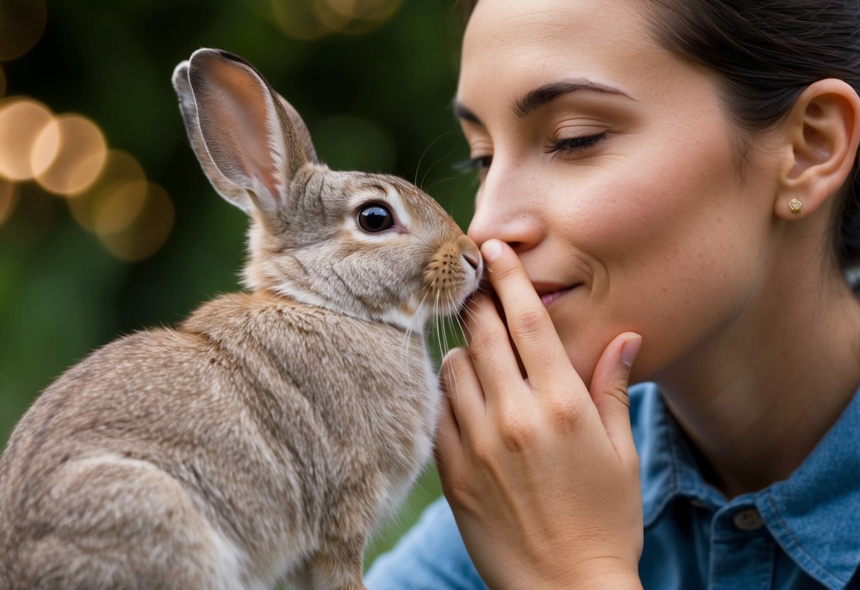 A rabbit nuzzles against its owner's cheek, while the owner gently strokes its fur, creating a tender moment of bonding and affection