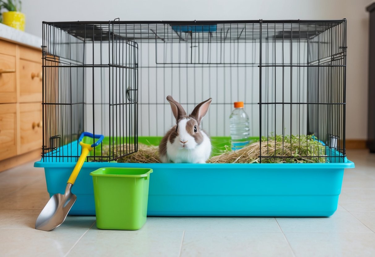 A rabbit cage with a clean, spacious layout, featuring a litter box, fresh hay, and a water bottle. A small shovel and trash bin are nearby for easy waste removal