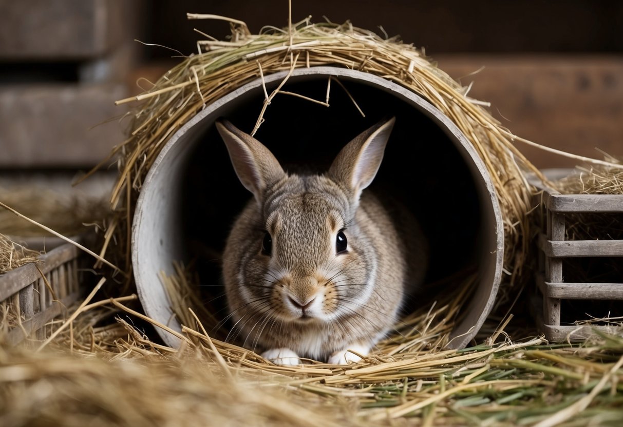 A rabbit huddled in a cozy burrow, surrounded by empty hay racks and a forlorn expression