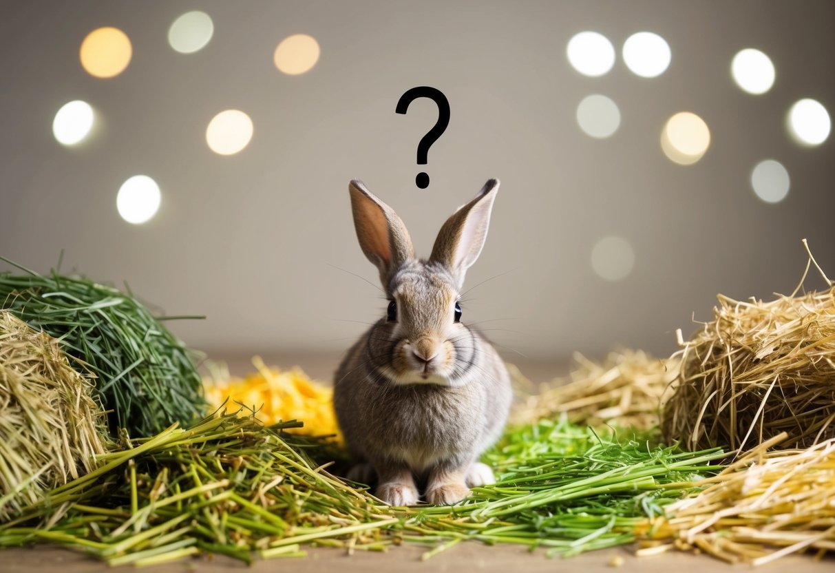 A rabbit surrounded by various types of hay, with a question mark above its head as it looks around the empty space