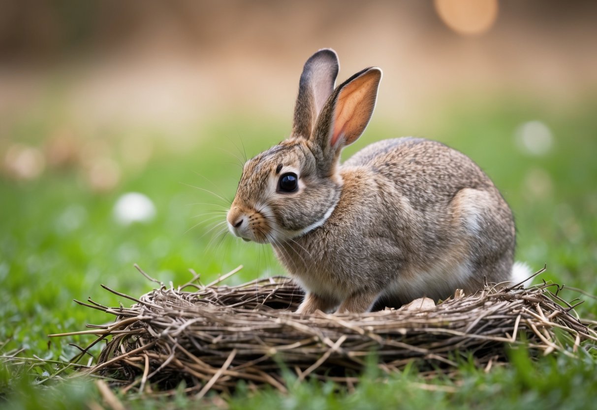A mother rabbit cautiously returns to a disturbed nest, ears alert and nose twitching