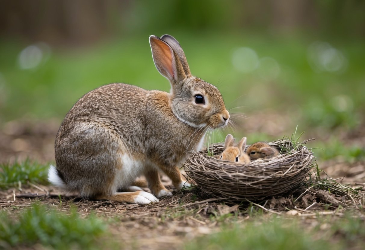 A mother rabbit cautiously returns to her disturbed nest, sniffing the air for danger before carefully rearranging the nesting materials