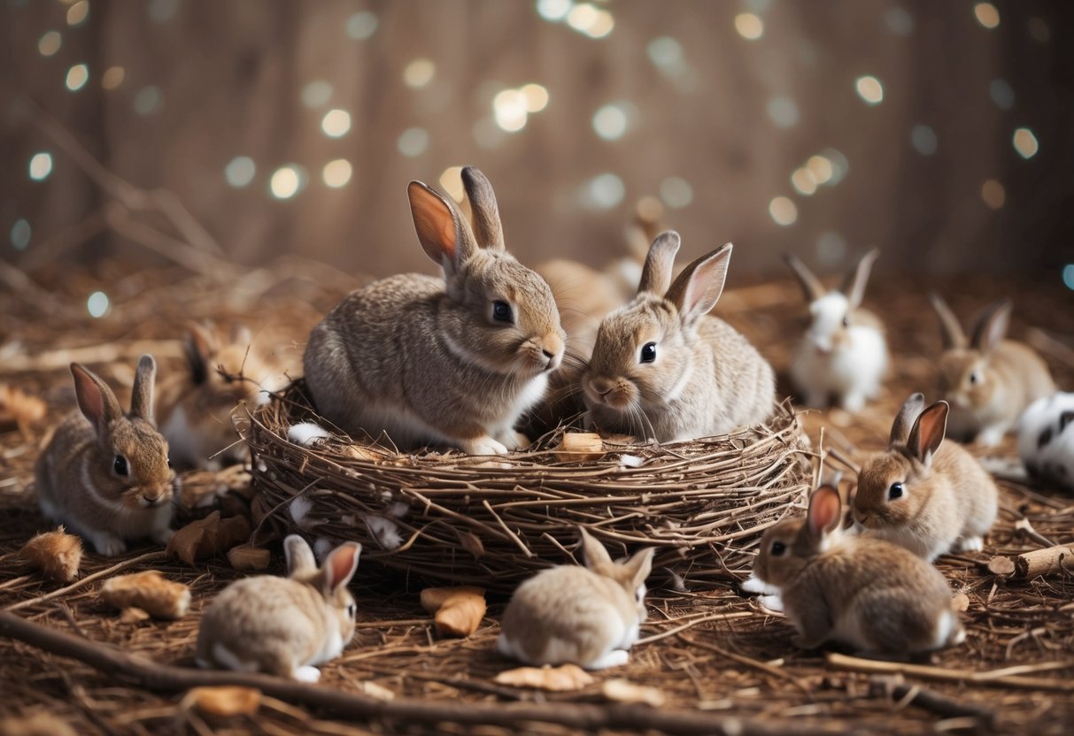 A disturbed rabbit nest with scattered twigs and fur, surrounded by anxious baby rabbits