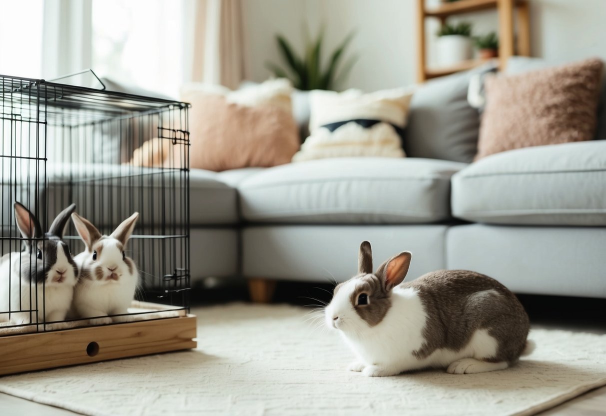 A cozy living room with a cage of clean, happy bunnies