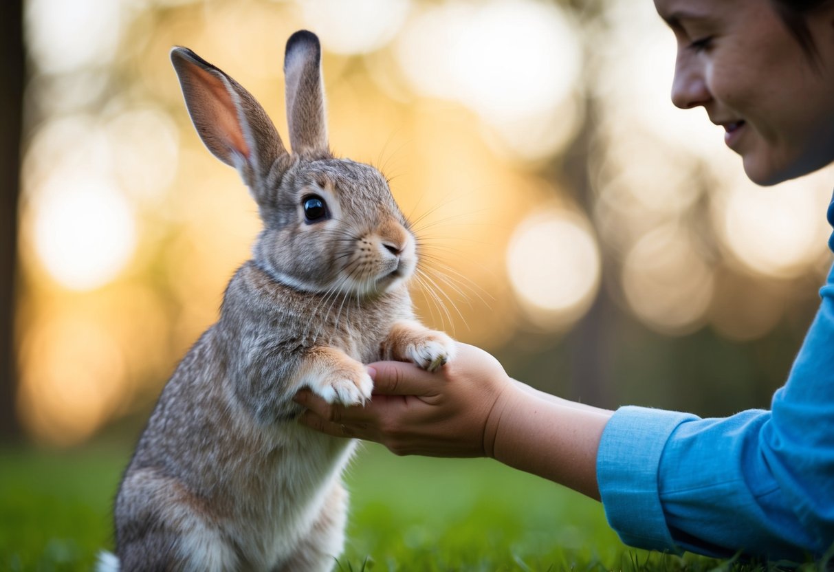 A rabbit hops towards a person, who gently picks it up. The rabbit's ears perk up, indicating curiosity and contentment