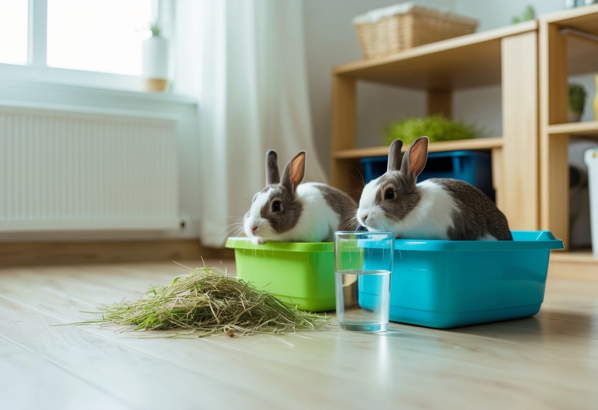 A clean, well-ventilated room with a litter box, fresh hay, and clean water for house bunnies