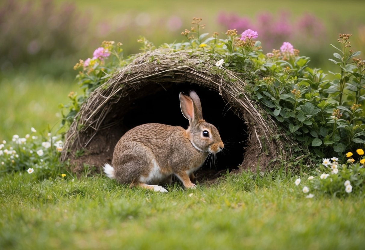 A cozy burrow in a grassy field, surrounded by protective shrubs and flowers. A mother rabbit cautiously approaches, checking for any signs of disturbance