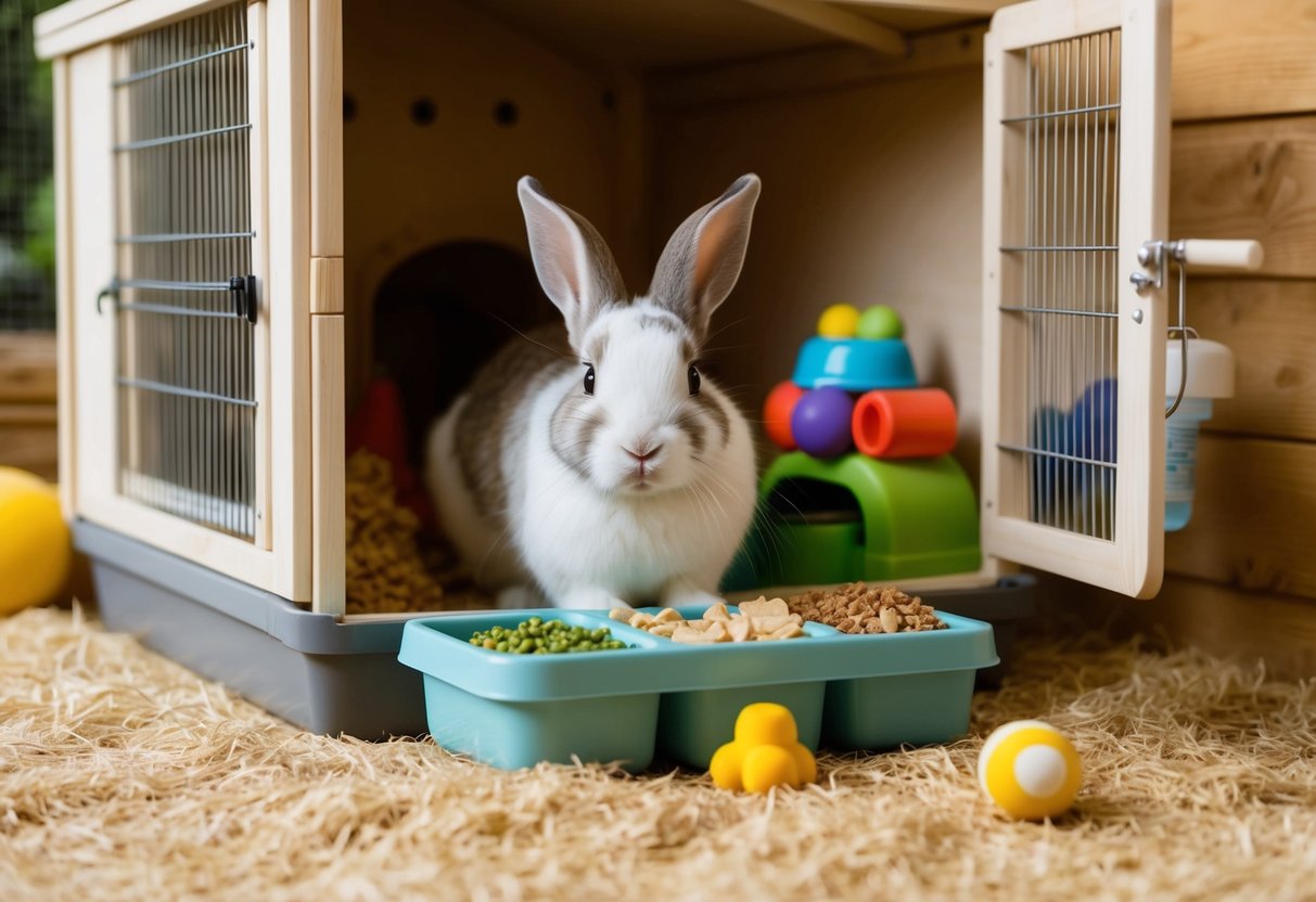 A rabbit in a cozy, well-stocked hutch with food, water, and toys, surrounded by a peaceful and secure environment