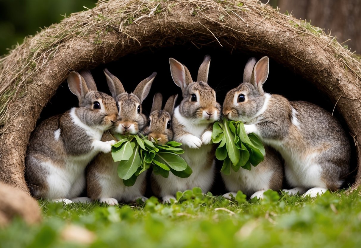 A group of rabbits huddled together in a cozy burrow, grooming each other and nibbling on fresh greens, showing their social nature and need for companionship