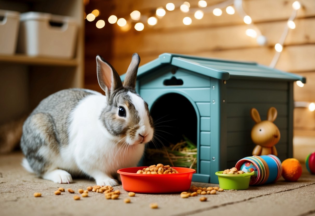 A cozy rabbit hutch with ample food, water, and toys