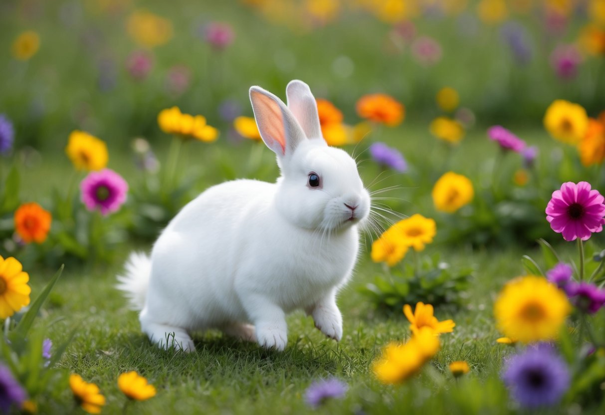 A fluffy white bunny hops through a field of colorful flowers, pausing to sniff each one