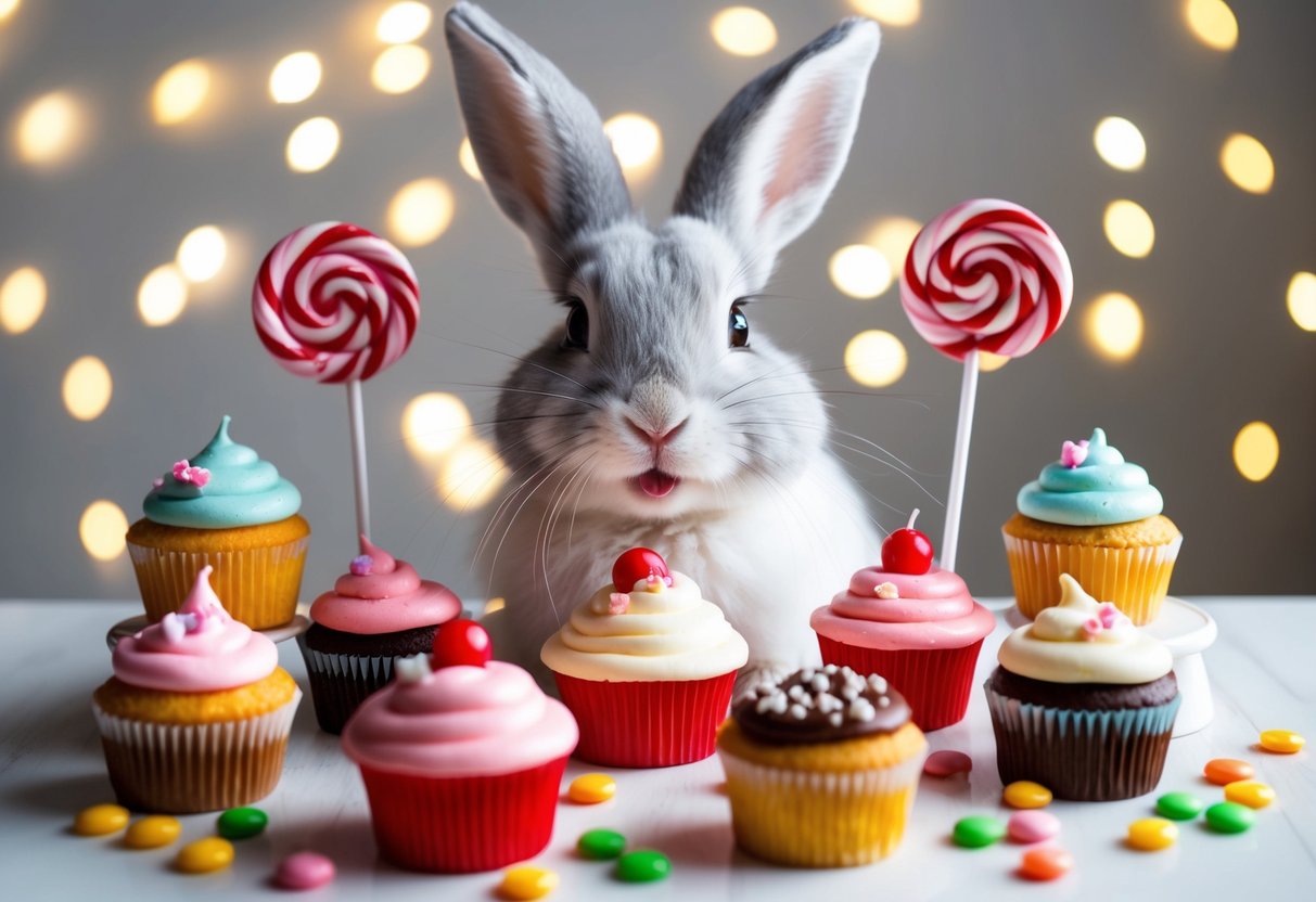 A girl bunny surrounded by sweet treats like cupcakes, lollipops, and candy canes, with a playful and happy expression on her face