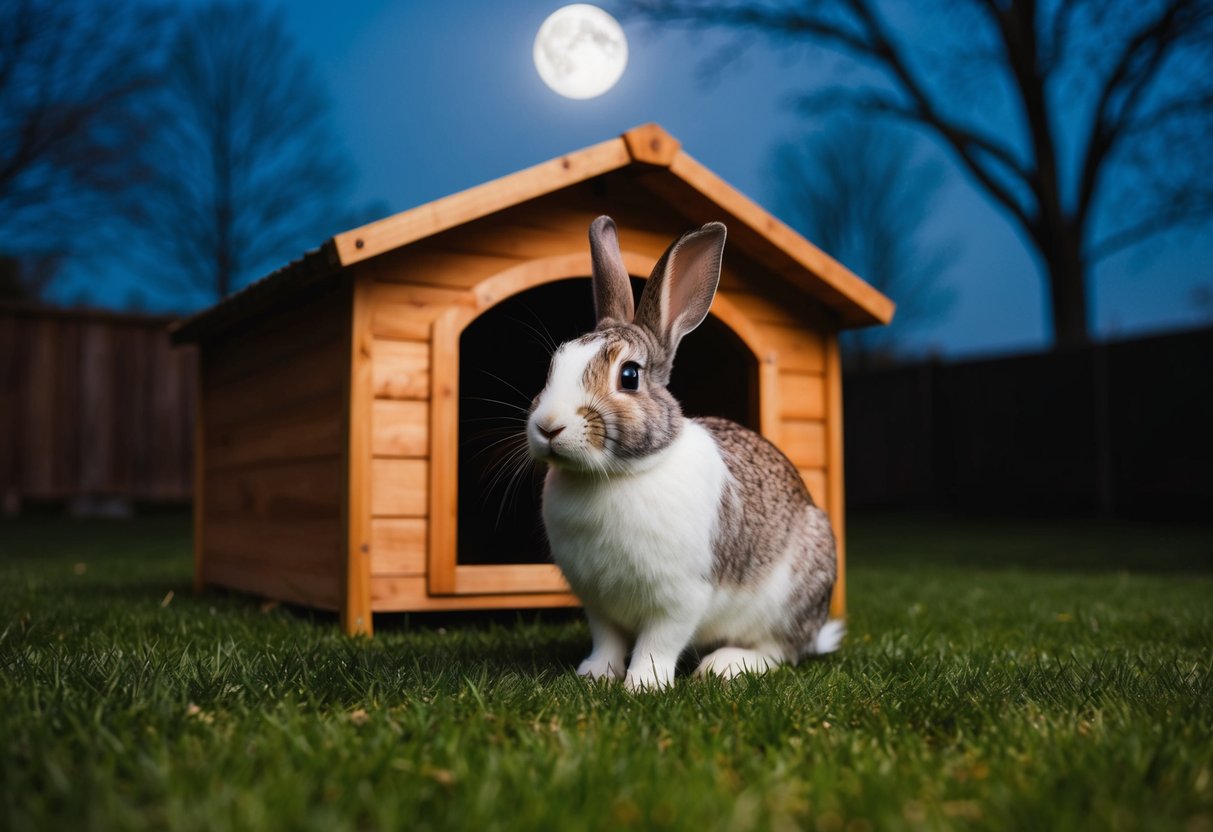 A rabbit sitting in a cozy outdoor hutch under the moonlight