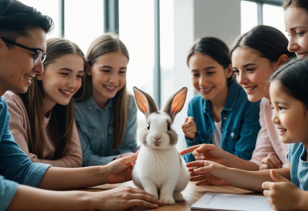 A young girl bunny surrounded by a group of friends, each suggesting different names and discussing the personality of the bunny